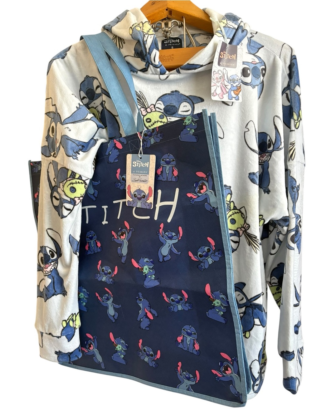 Disney Stitch Primark Plush Hoodie Tote Bag Bundle Cozy Kawaii NWT